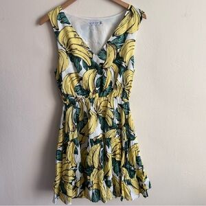 Toby Heart Ginger Banana Print Tiered Mini Dress - V-Neck Grommet Detail - M